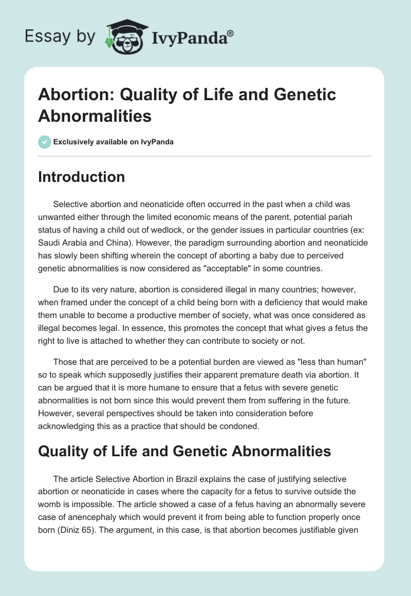 Abortion: Quality of Life and Genetic Abnormalities. Page 1