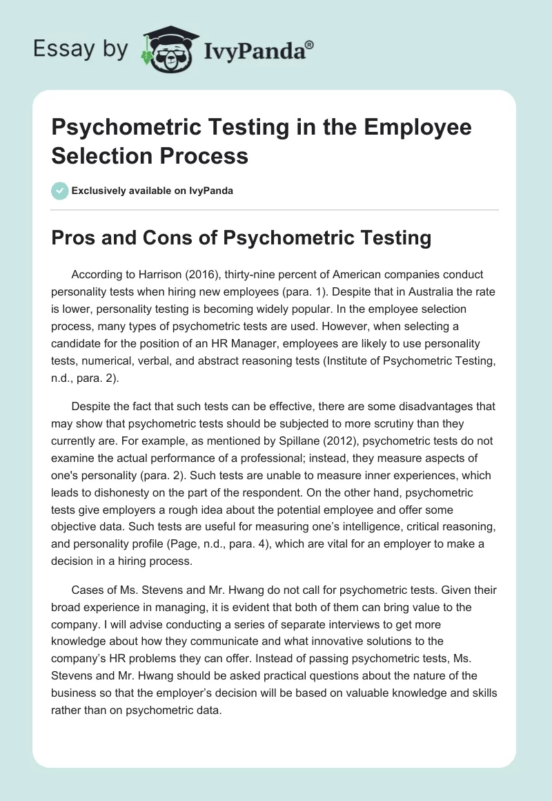 Psychometric Testing in the Employee Selection Process. Page 1