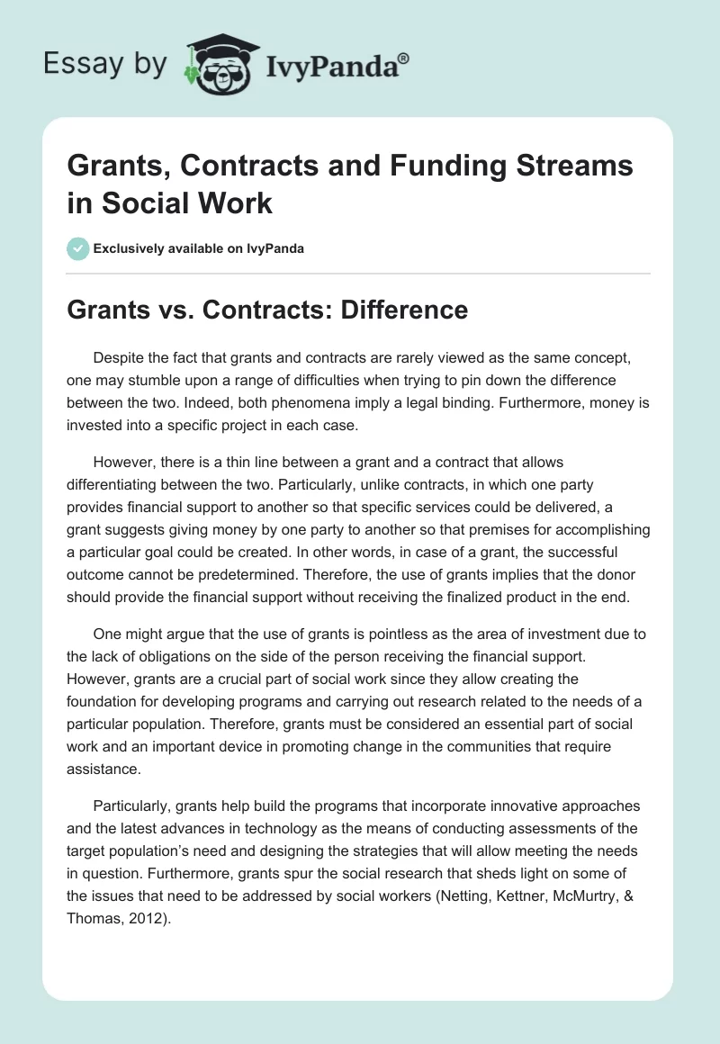 Grants, Contracts and Funding Streams in Social Work. Page 1