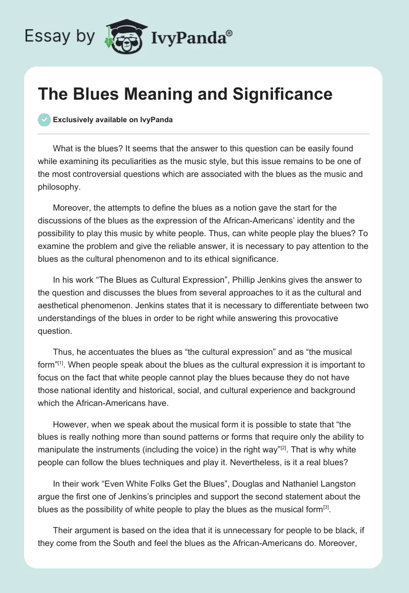 The Blues Meaning and Significance. Page 1