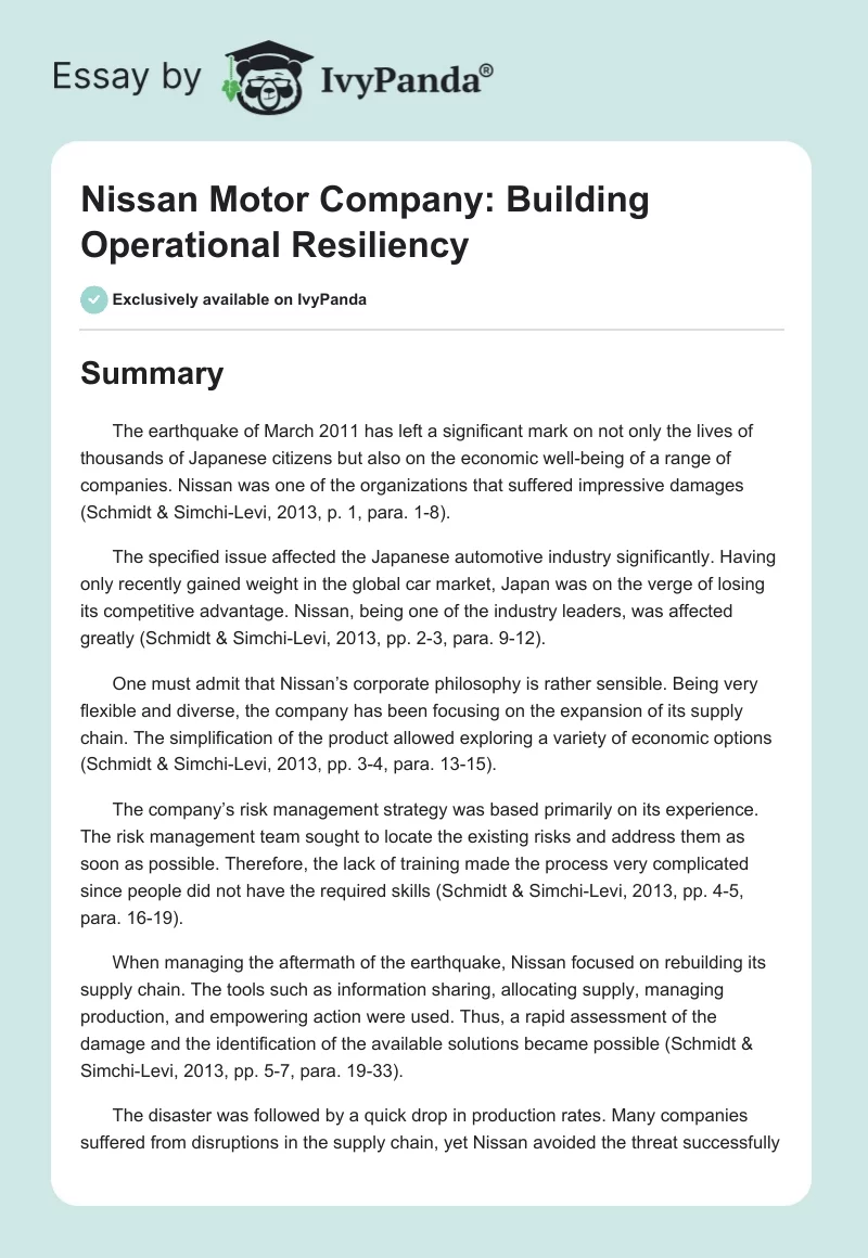 Nissan Motor Company: Building Operational Resiliency. Page 1