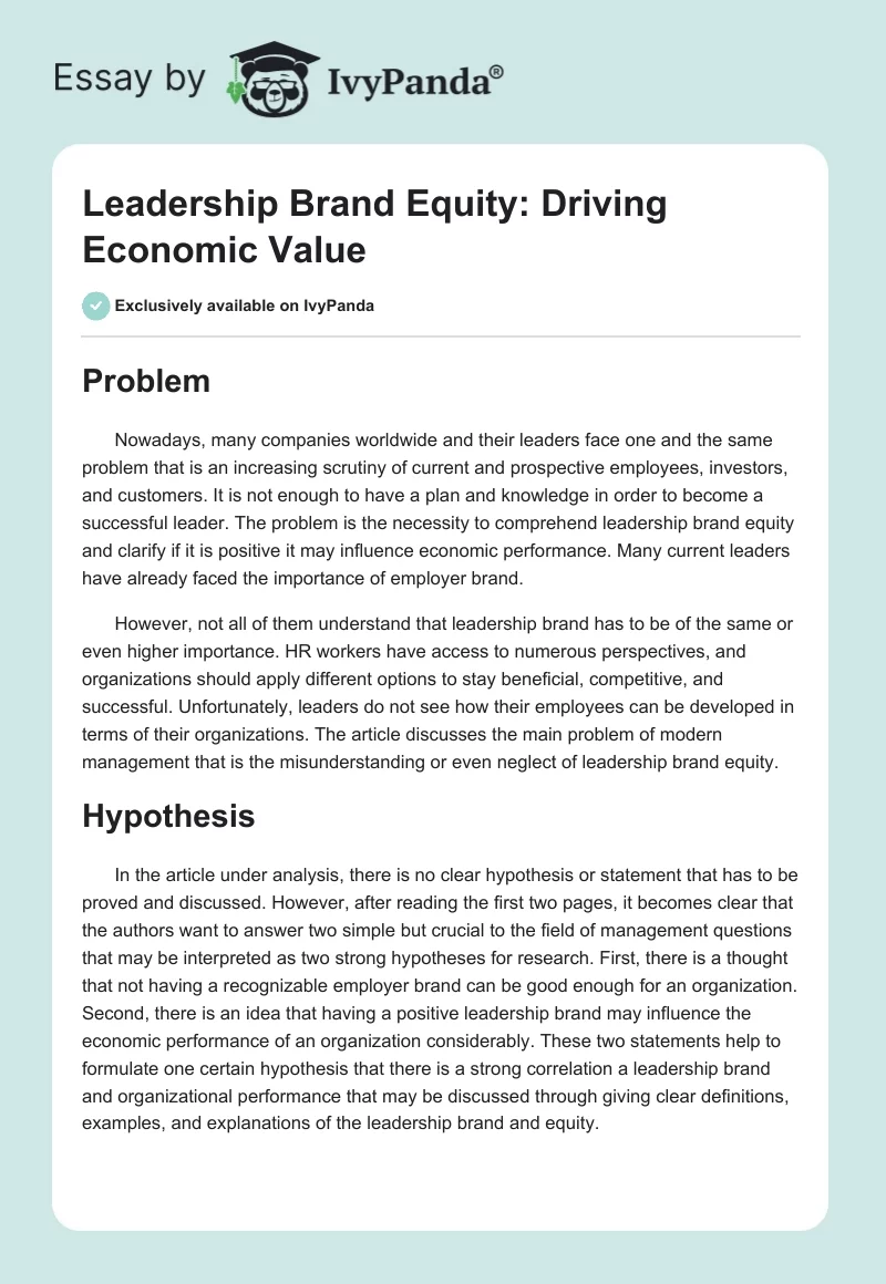 Leadership Brand Equity: Driving Economic Value. Page 1