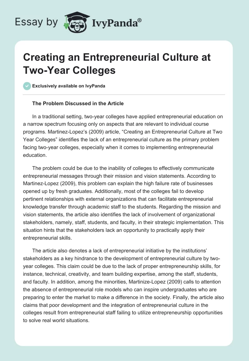 Creating an Entrepreneurial Culture at Two-Year Colleges. Page 1