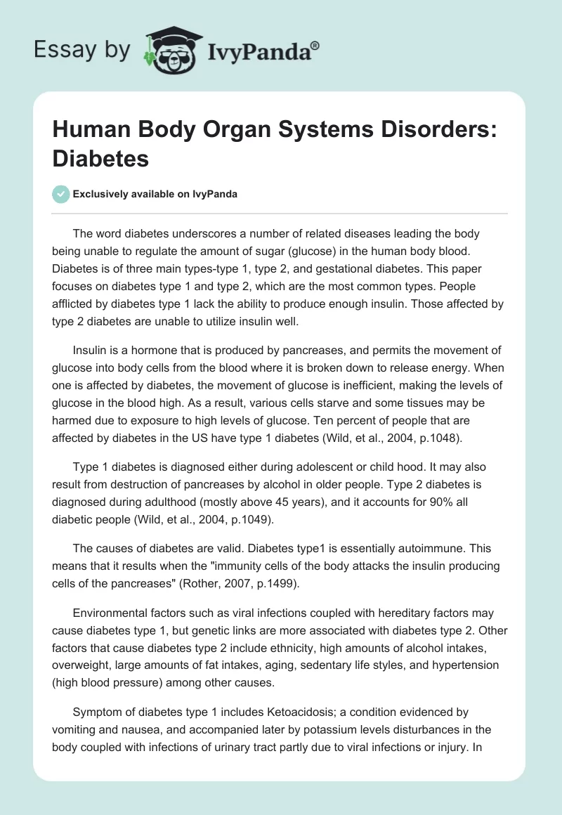 Human Body Organ Systems Disorders: Diabetes. Page 1