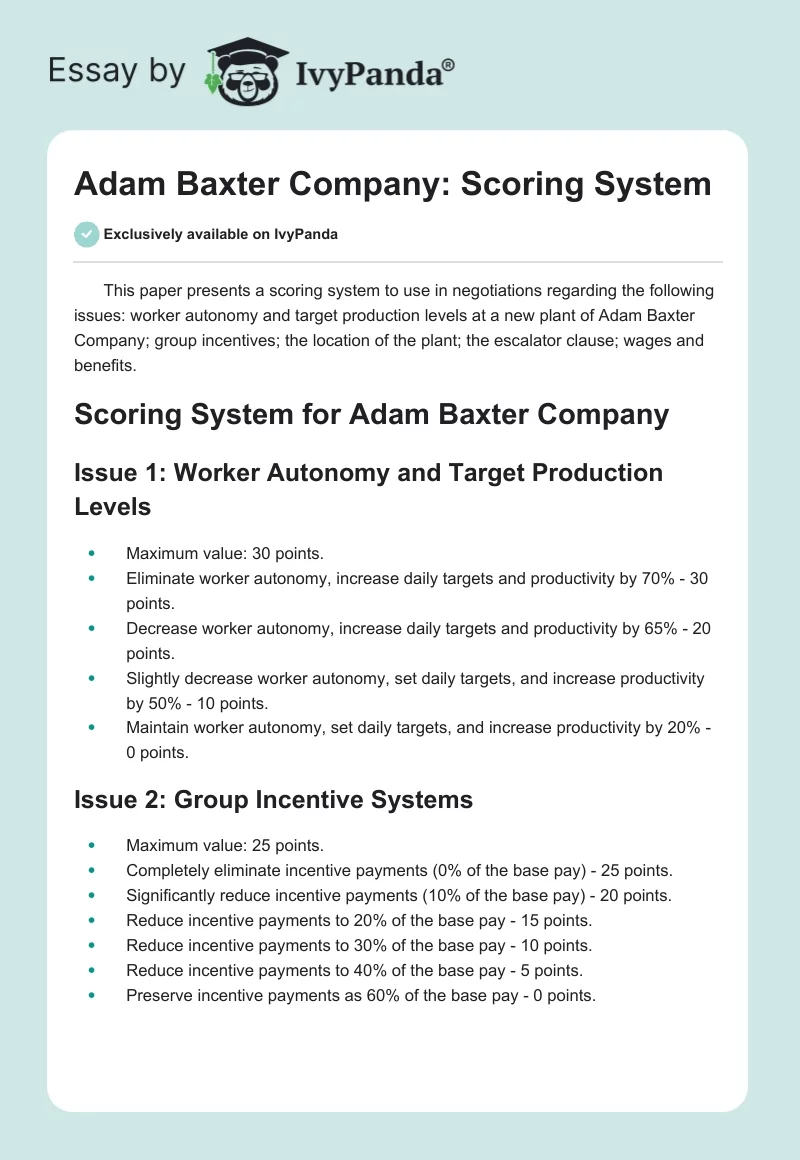 Adam Baxter Company: Scoring System. Page 1