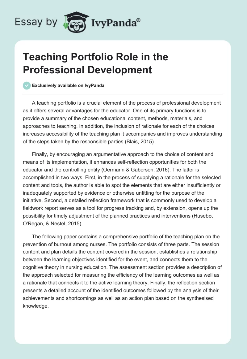 Teaching Portfolio Role in the Professional Development. Page 1