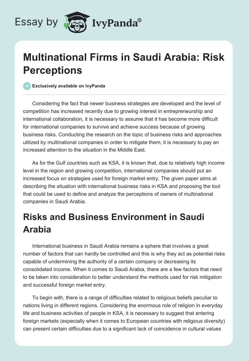 Multinational Firms in Saudi Arabia: Risk Perceptions. Page 1