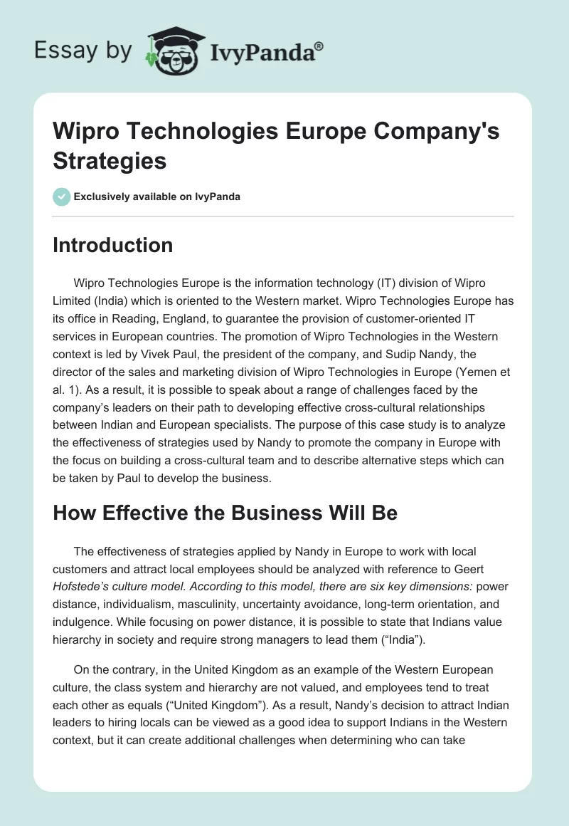 Wipro Technologies Europe Company's Strategies. Page 1