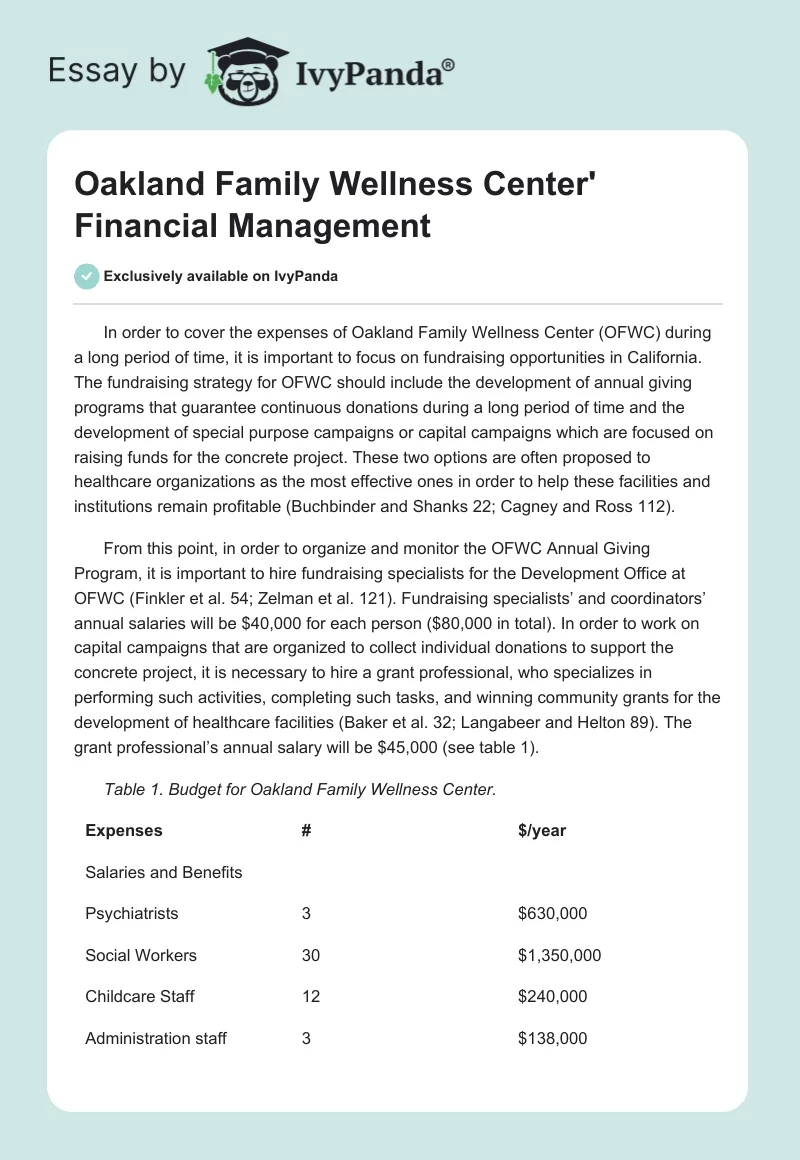 Oakland Family Wellness Center' Financial Management. Page 1