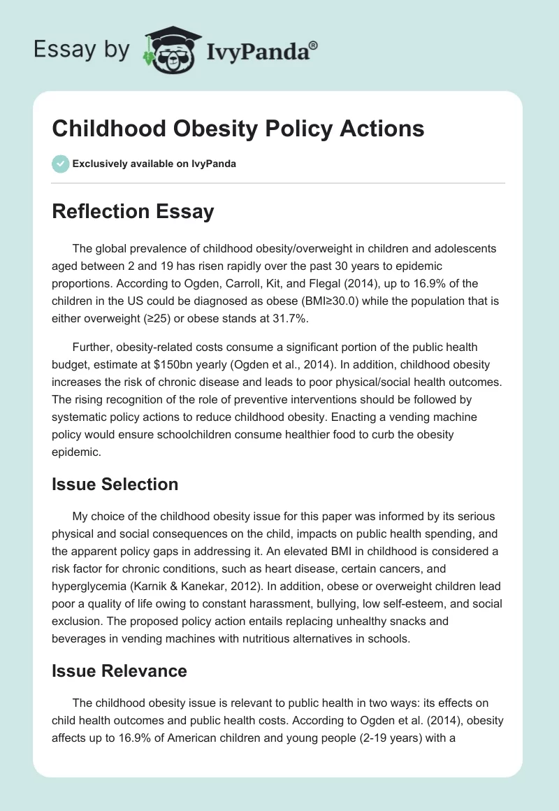 Childhood Obesity Policy Actions. Page 1
