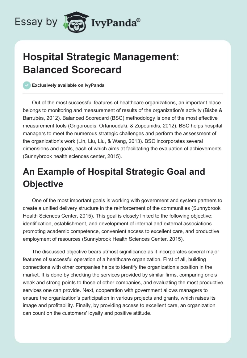 Hospital Strategic Management: Balanced Scorecard. Page 1