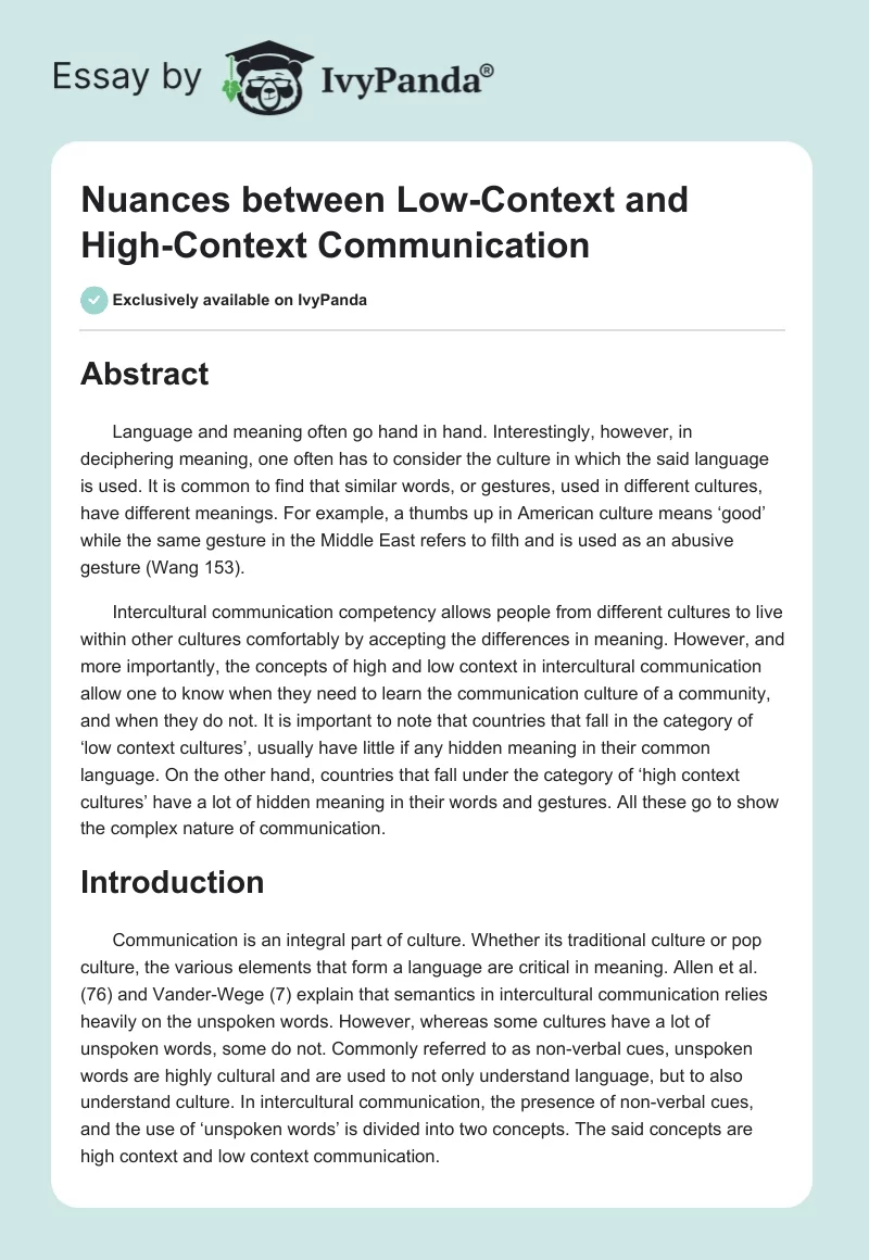 Nuances between Low-Context and High-Context Communication. Page 1