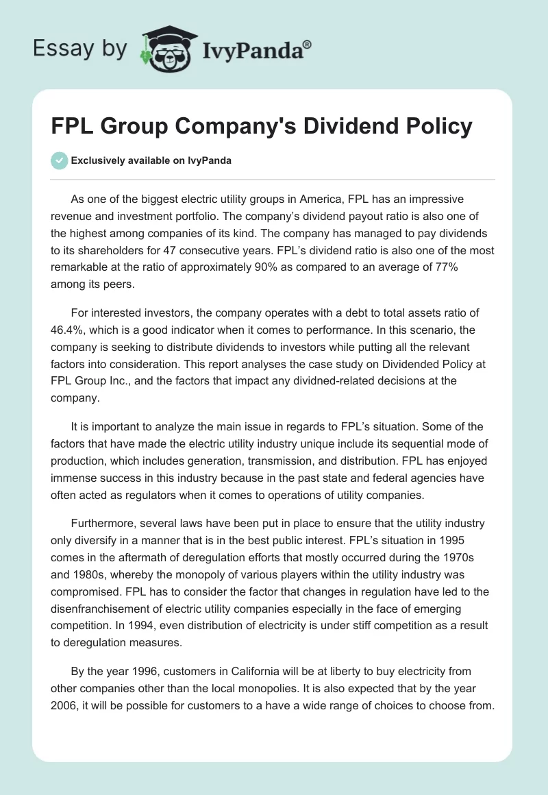 FPL Group Company's Dividend Policy. Page 1