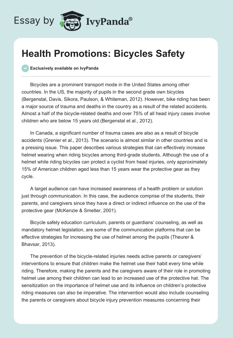 Health Promotions: Bicycles Safety. Page 1