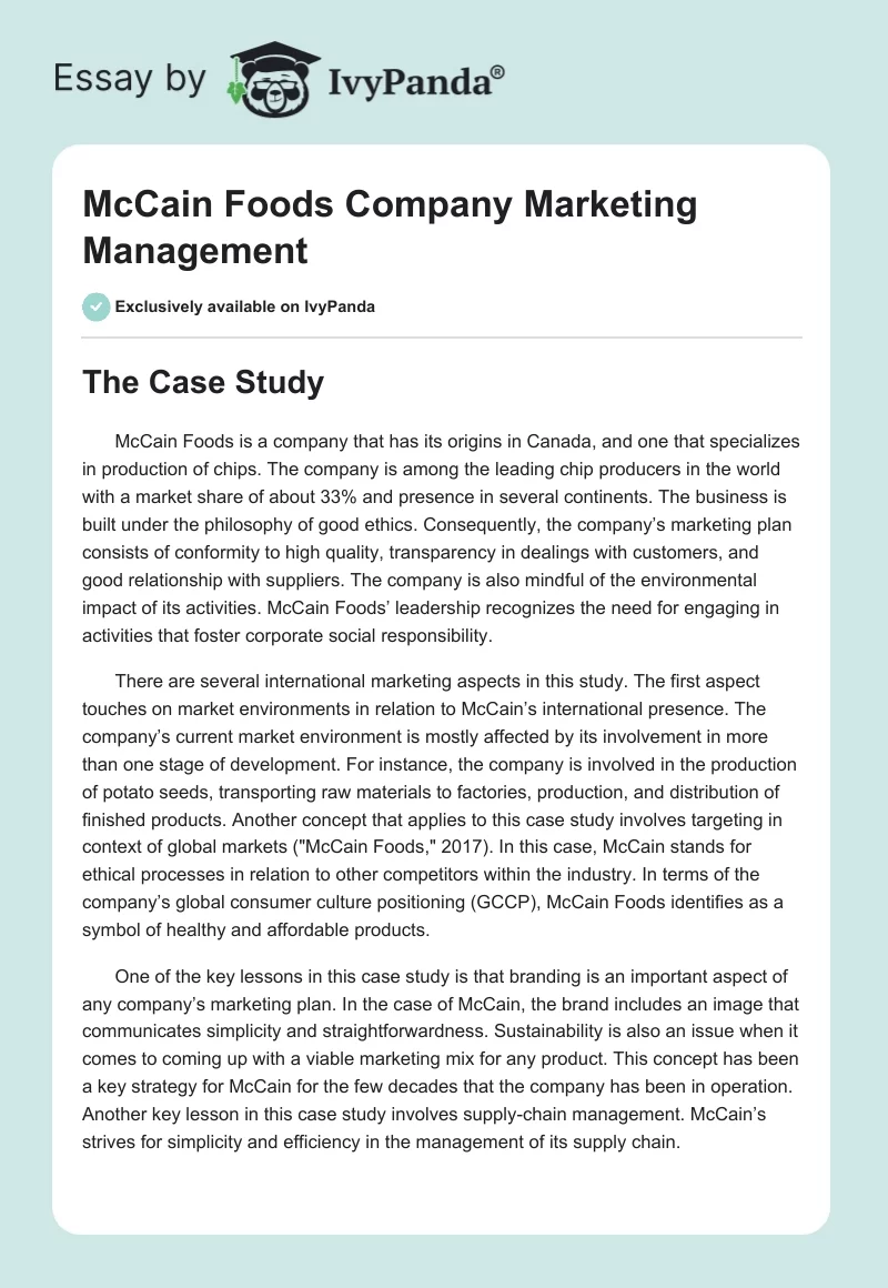McCain Foods Company Marketing Management. Page 1