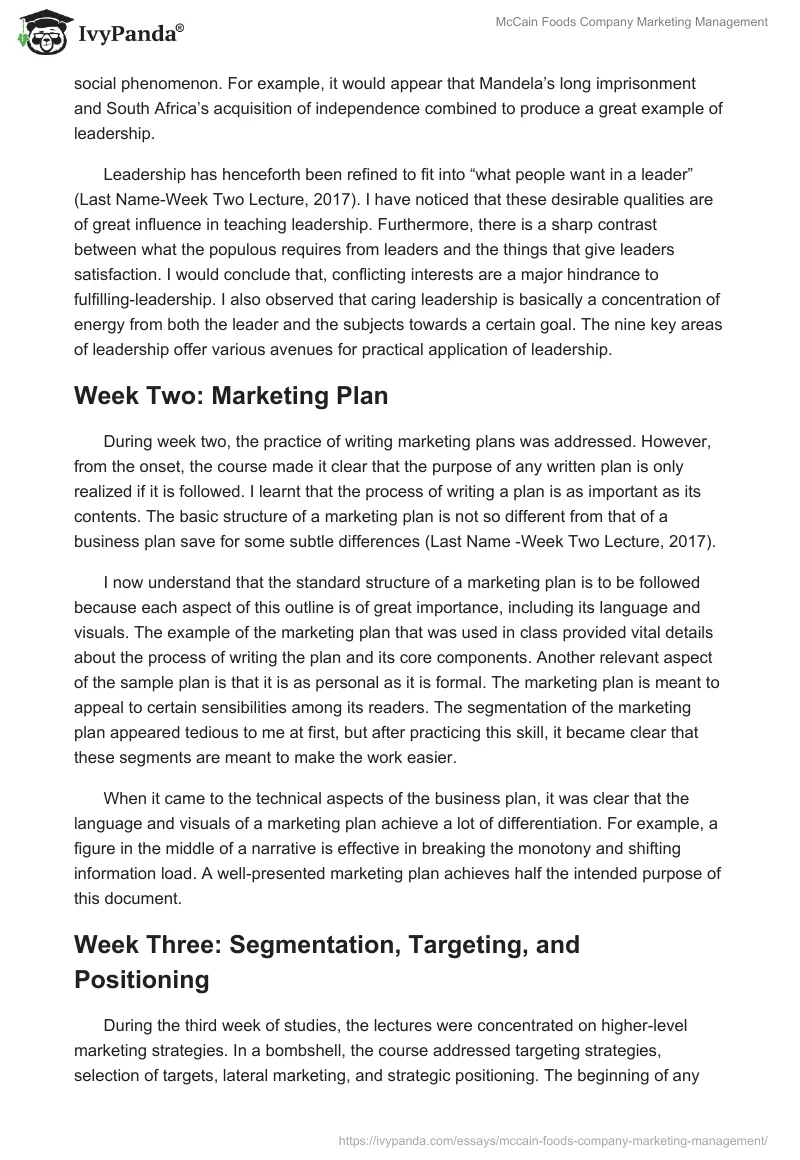 McCain Foods Company Marketing Management. Page 4