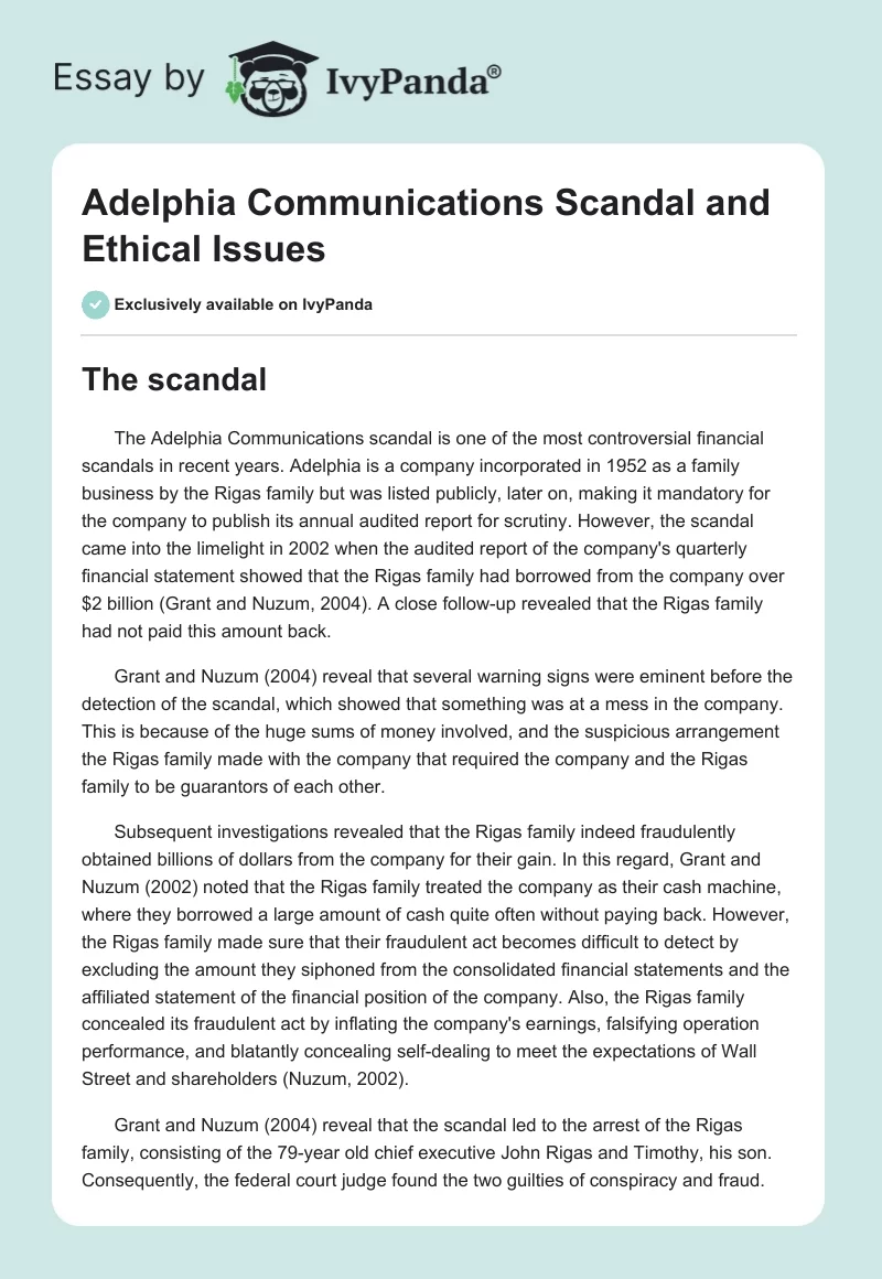 Adelphia Communications Scandal and Ethical Issues. Page 1