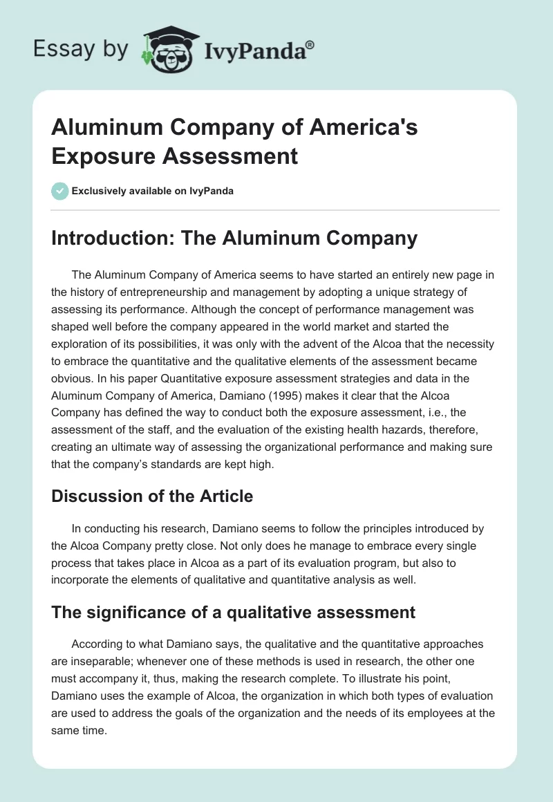 Aluminum Company of America's Exposure Assessment. Page 1