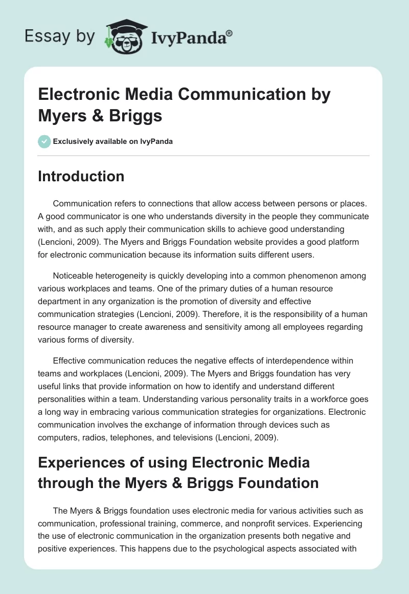 Electronic Media Communication by Myers & Briggs. Page 1