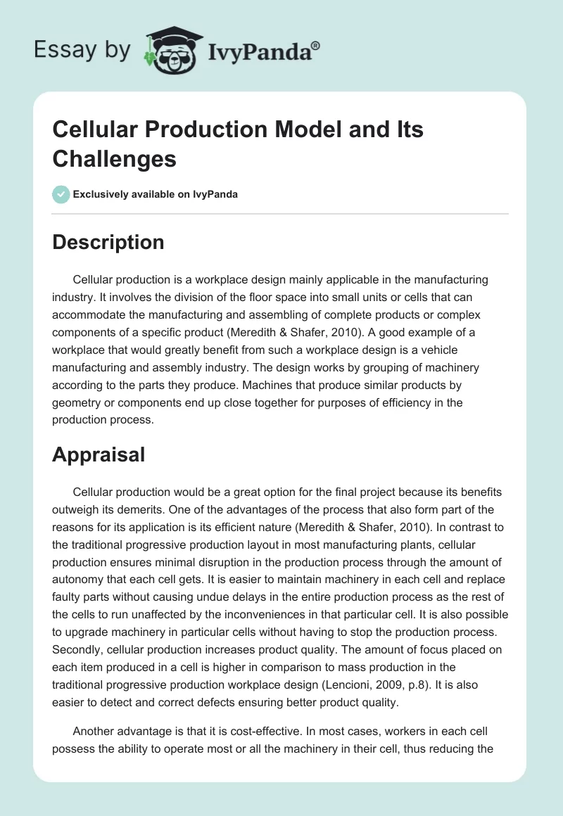 Cellular Production Model and Its Challenges. Page 1