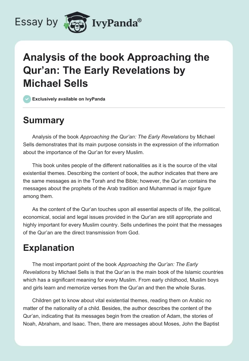 Analysis of the book Approaching the Qur’an: The Early Revelations by Michael Sells. Page 1