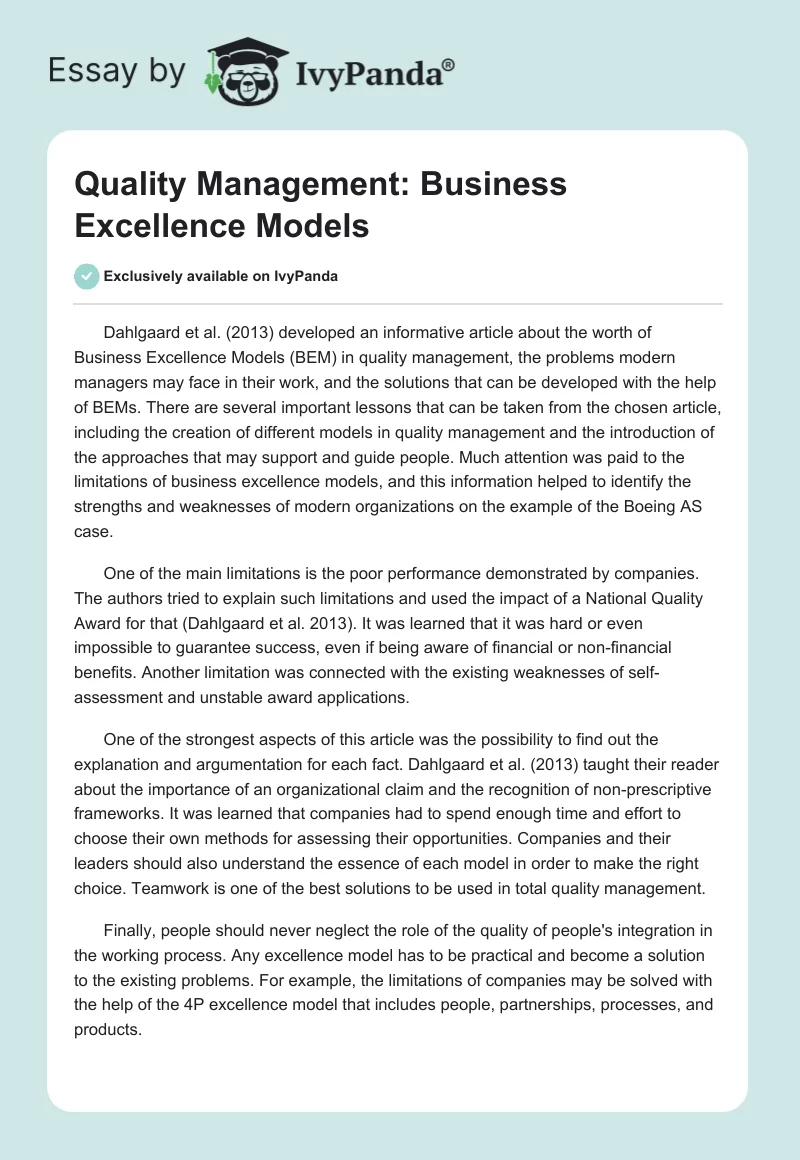 Quality Management: Business Excellence Models. Page 1