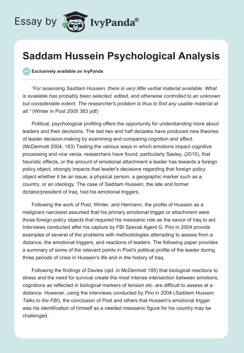 Saddam Hussein Psychological Analysis. Page 1