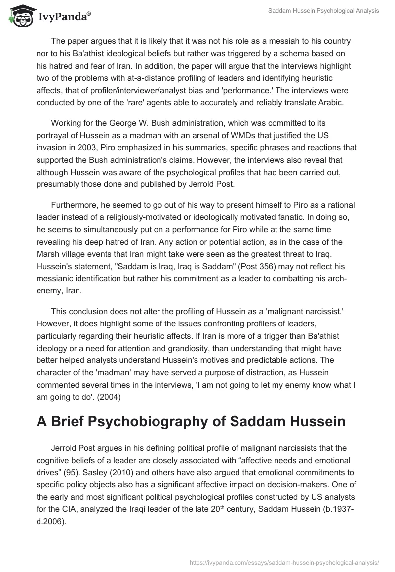 Saddam Hussein Psychological Analysis. Page 2