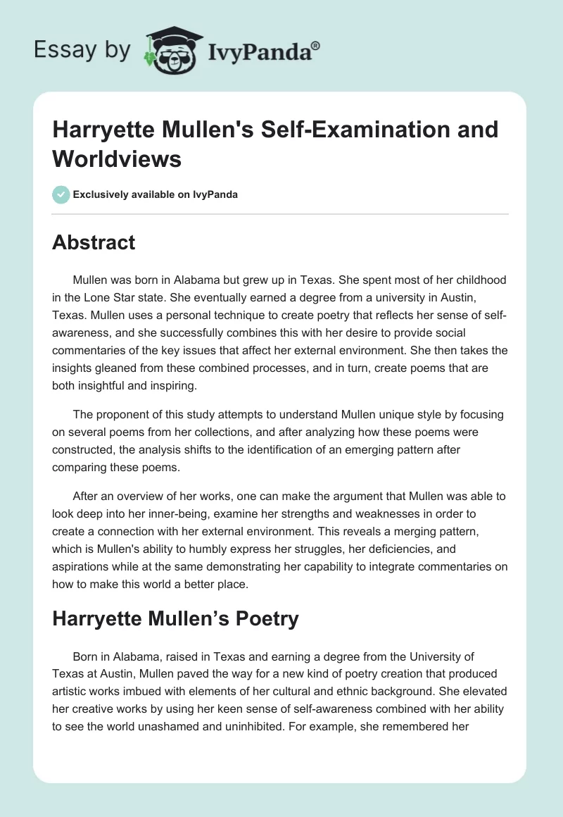 Harryette Mullen's Self-Examination and Worldviews. Page 1