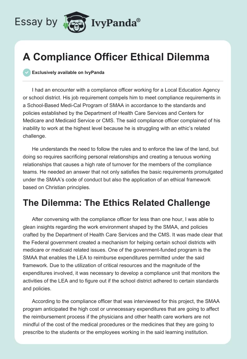 A Compliance Officer Ethical Dilemma. Page 1