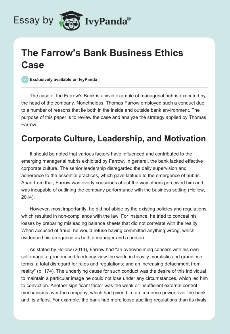 The Farrow’s Bank Business Ethics Case. Page 1