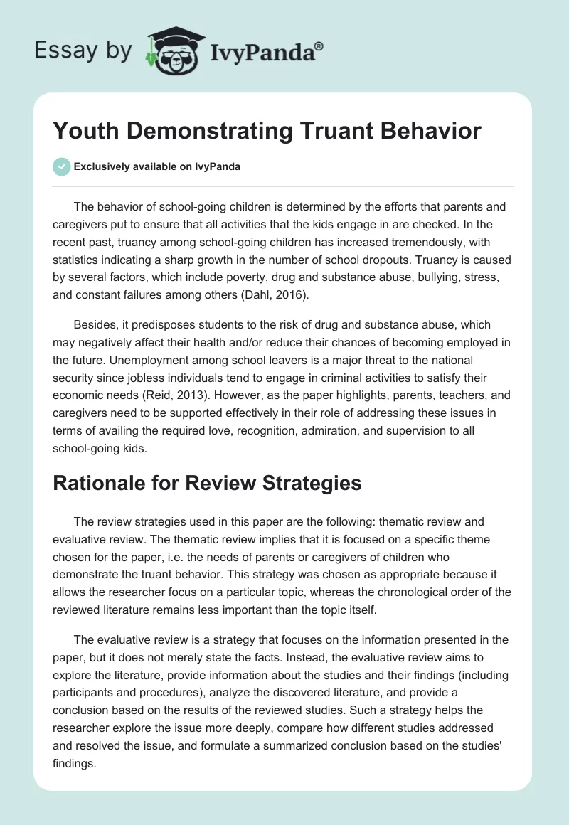 Youth Demonstrating Truant Behavior. Page 1