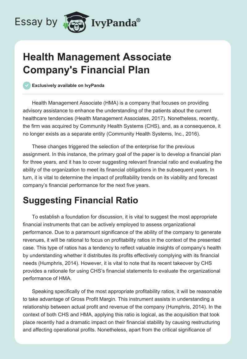 Health Management Associate Company's Financial Plan. Page 1