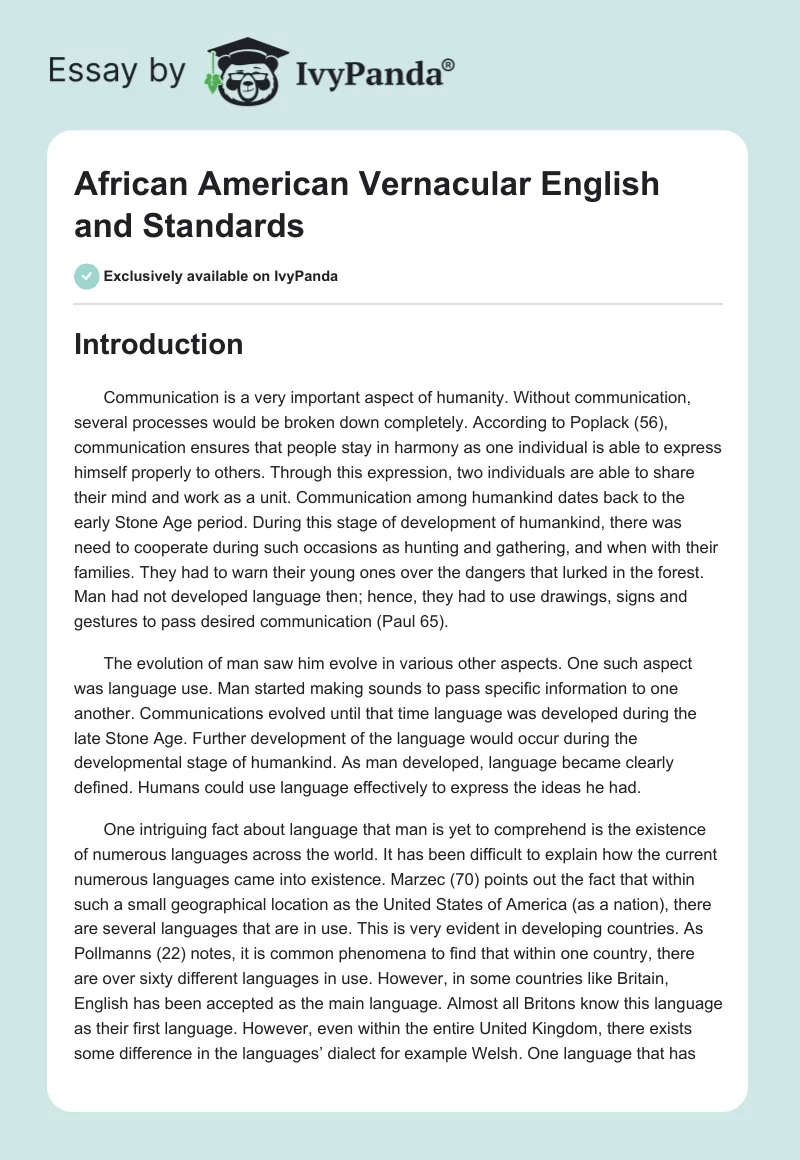 African American Vernacular English and Standards. Page 1