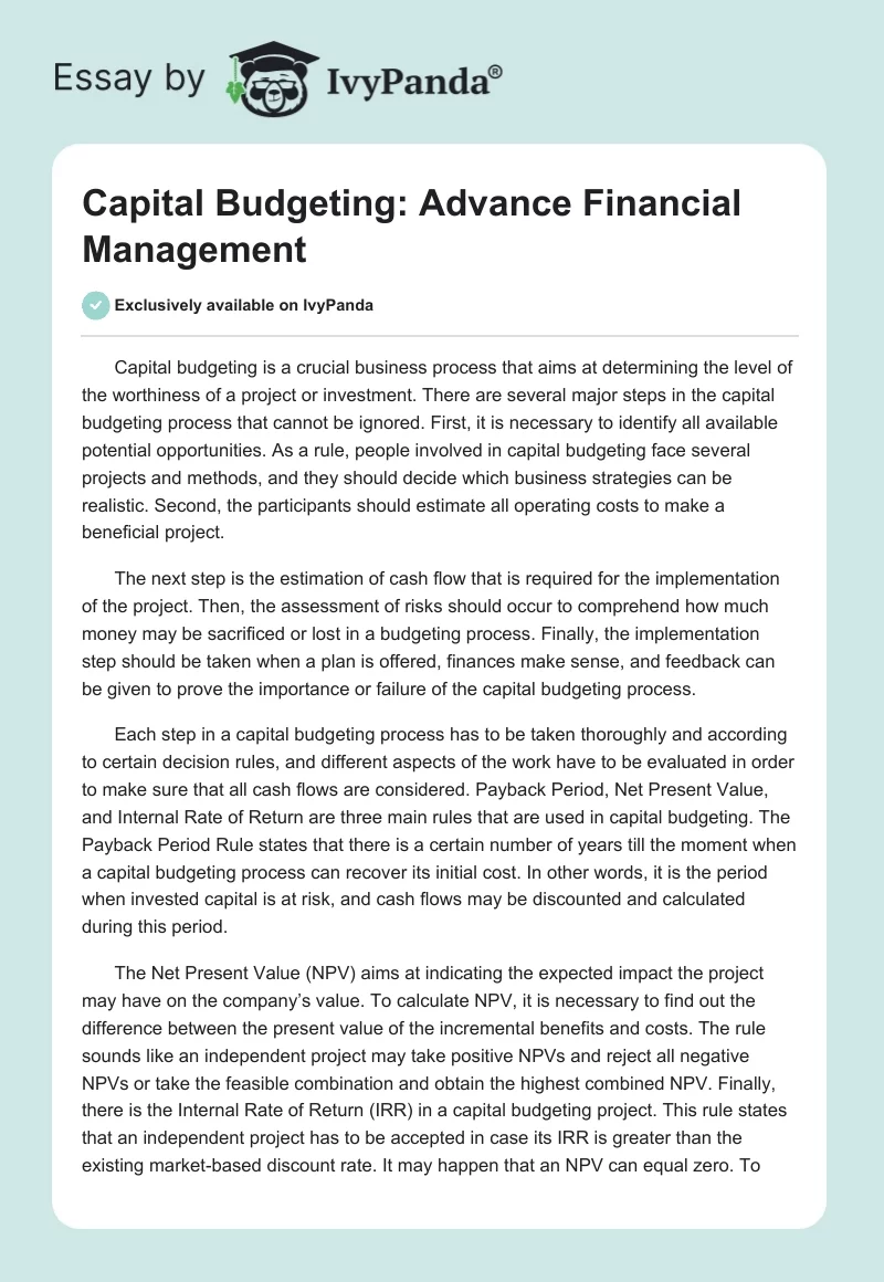 Capital Budgeting: Advance Financial Management. Page 1