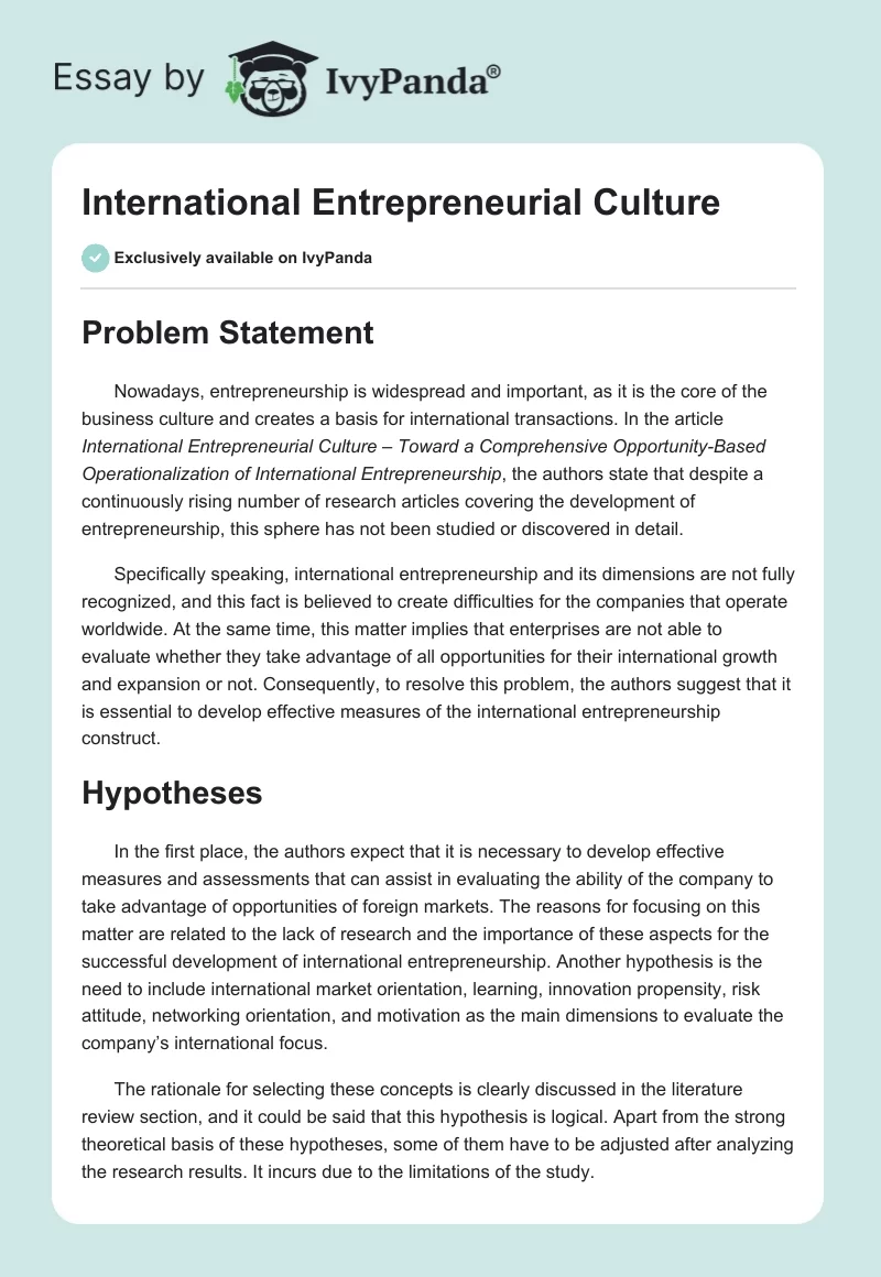 International Entrepreneurial Culture. Page 1