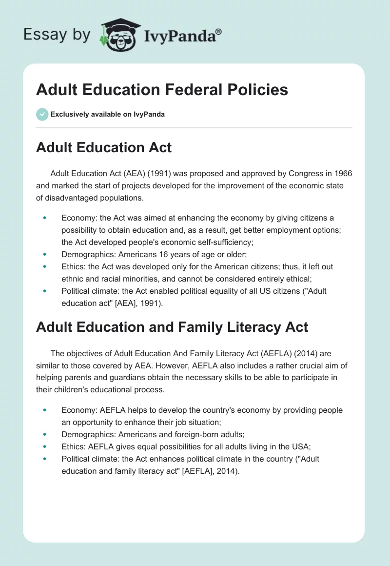 Adult Education Federal Policies. Page 1