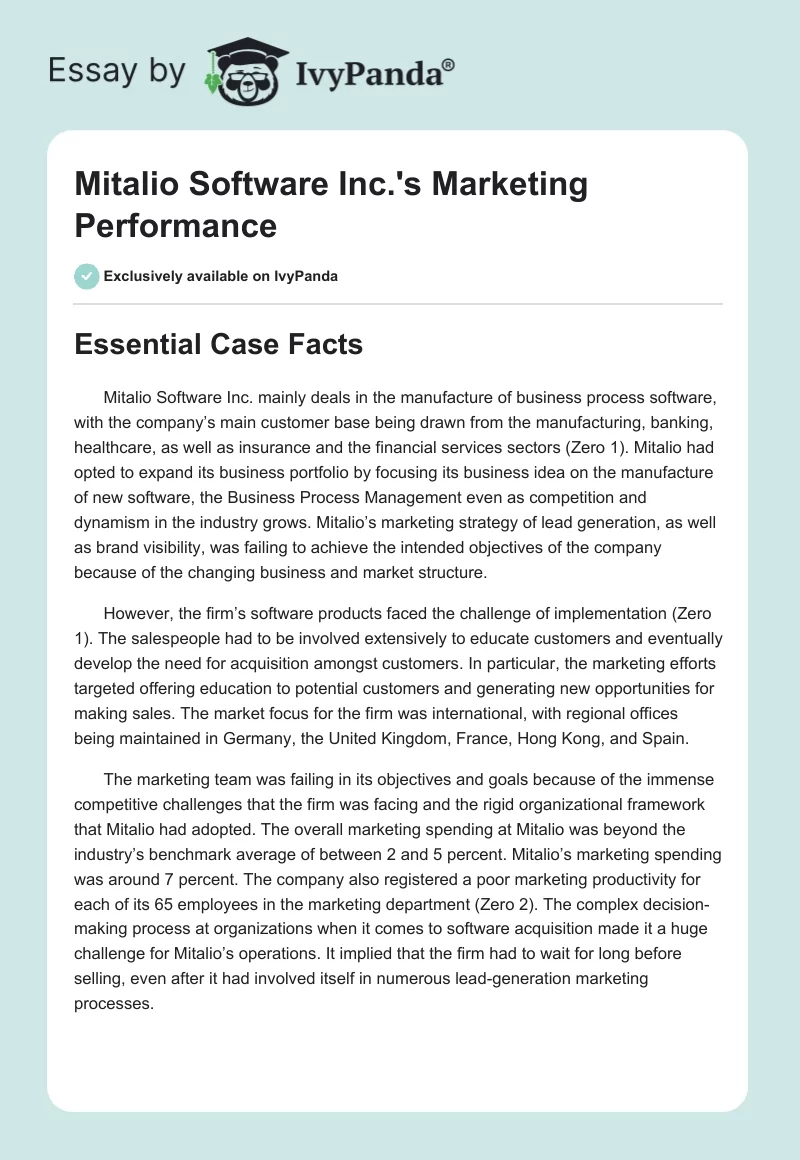 Mitalio Software Inc.'s Marketing Performance. Page 1