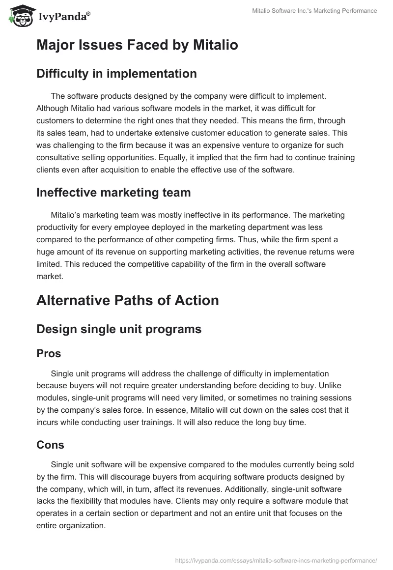 Mitalio Software Inc.'s Marketing Performance. Page 2