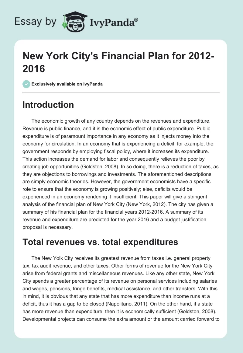 New York City's Financial Plan for 2012-2016. Page 1