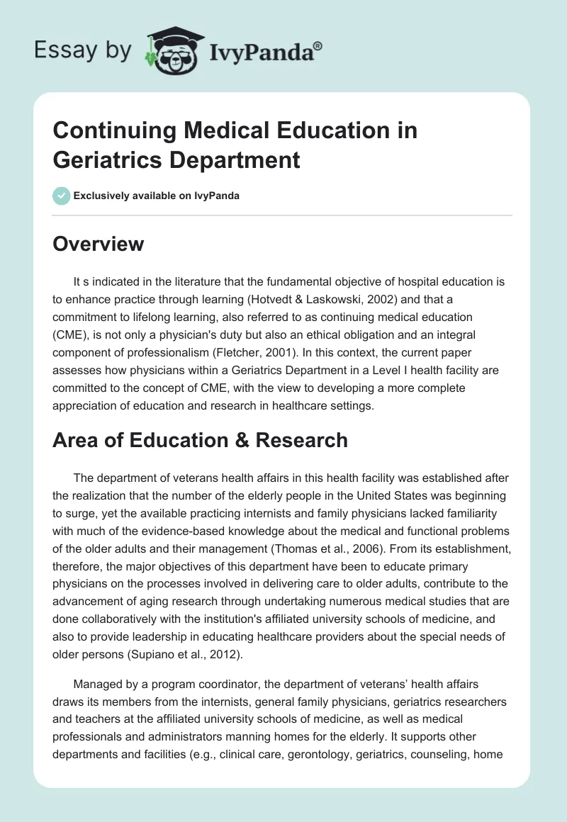 Continuing Medical Education in Geriatrics Department. Page 1