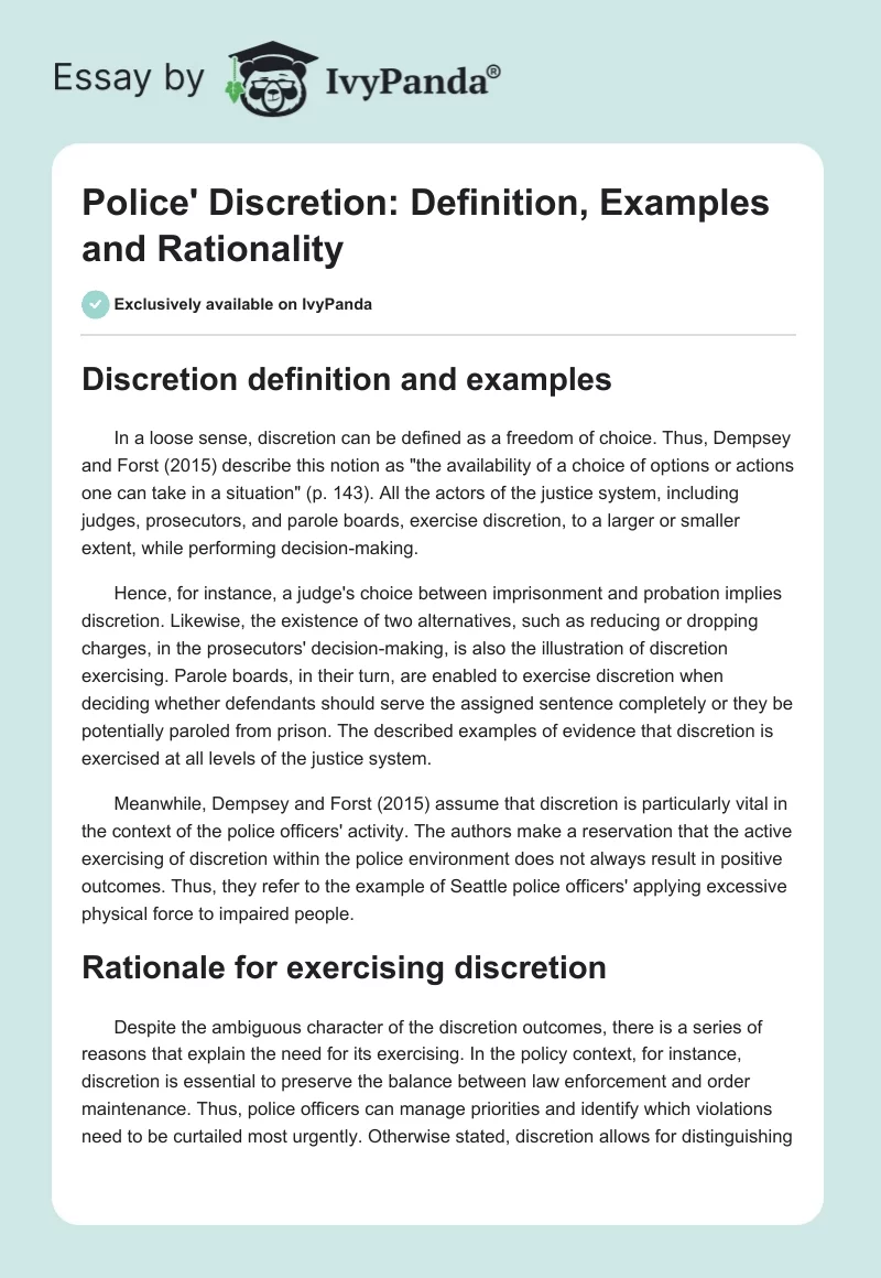 Police' Discretion: Definition, Examples and Rationality. Page 1