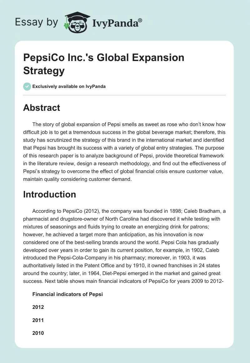 PepsiCo Inc.'s Global Expansion Strategy. Page 1