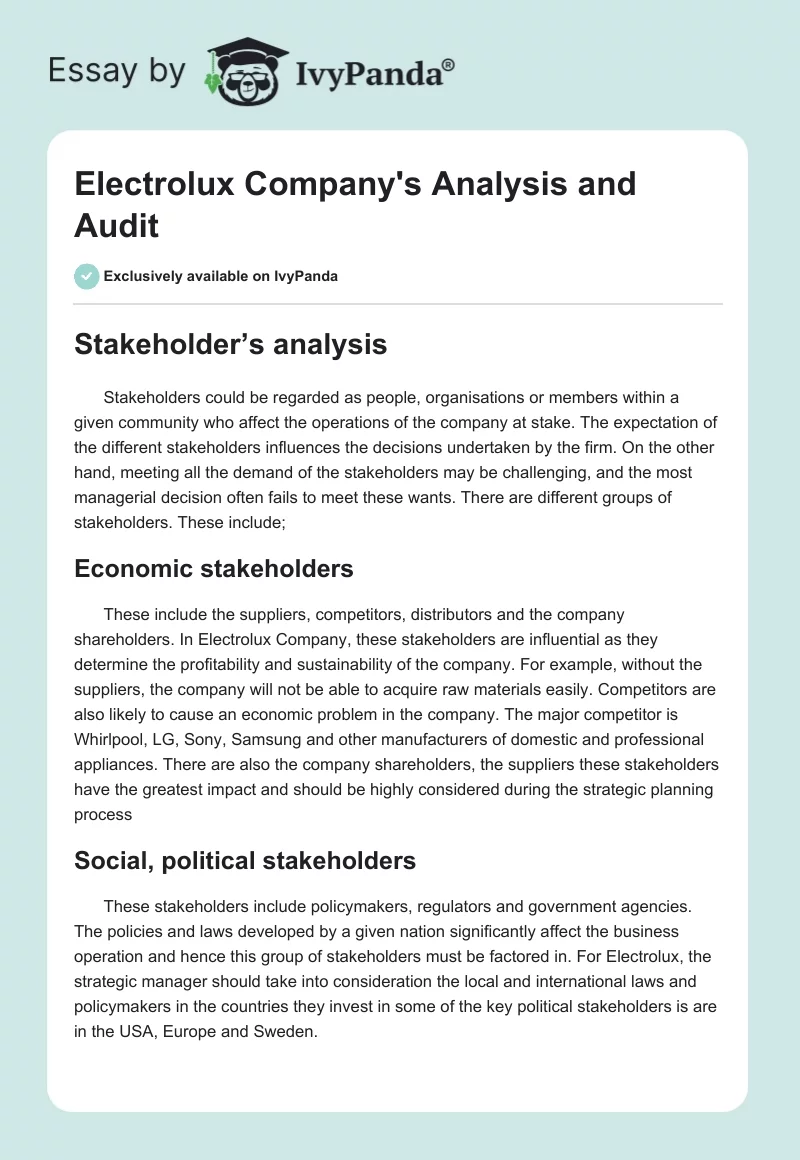 Electrolux Company's Analysis and Audit. Page 1