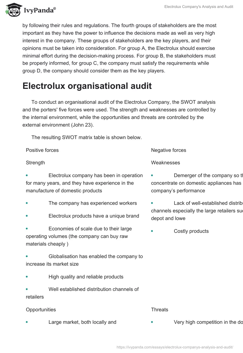 Electrolux Company's Analysis and Audit. Page 3