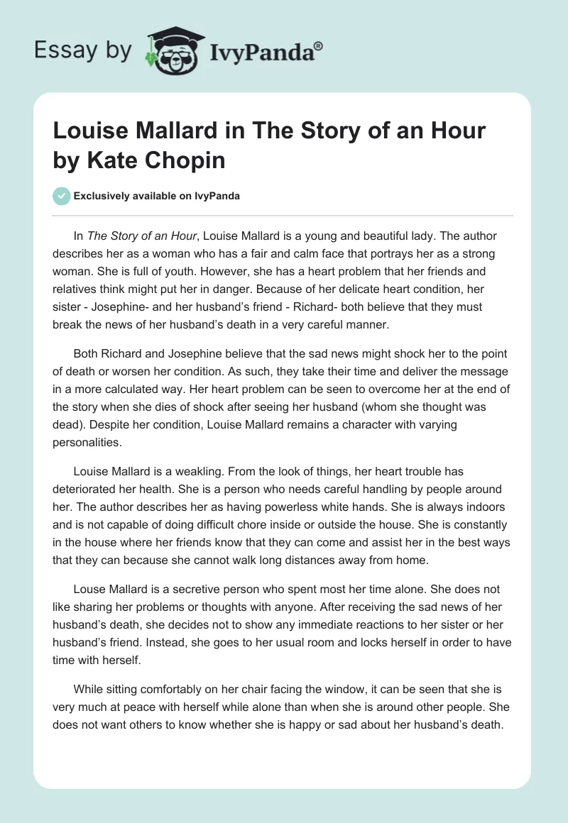 Louise Mallard in "The Story of an Hour" by Kate Chopin. Page 1