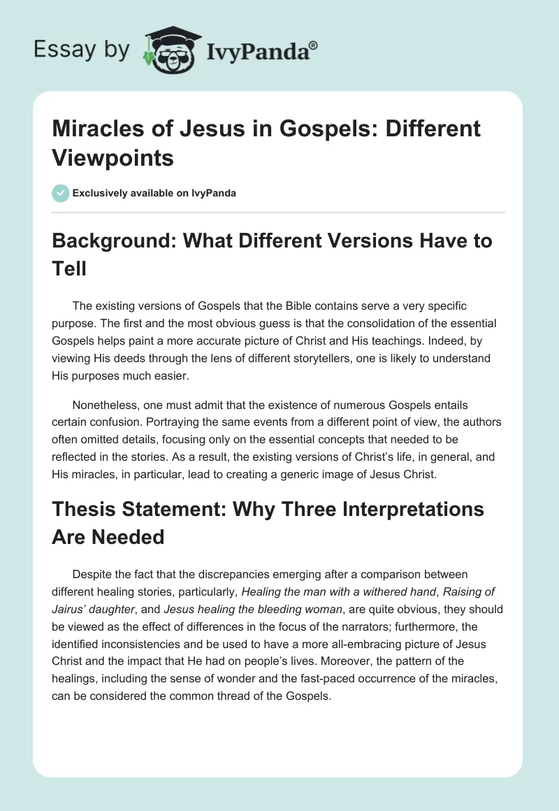 Miracles of Jesus in Gospels: Different Viewpoints. Page 1
