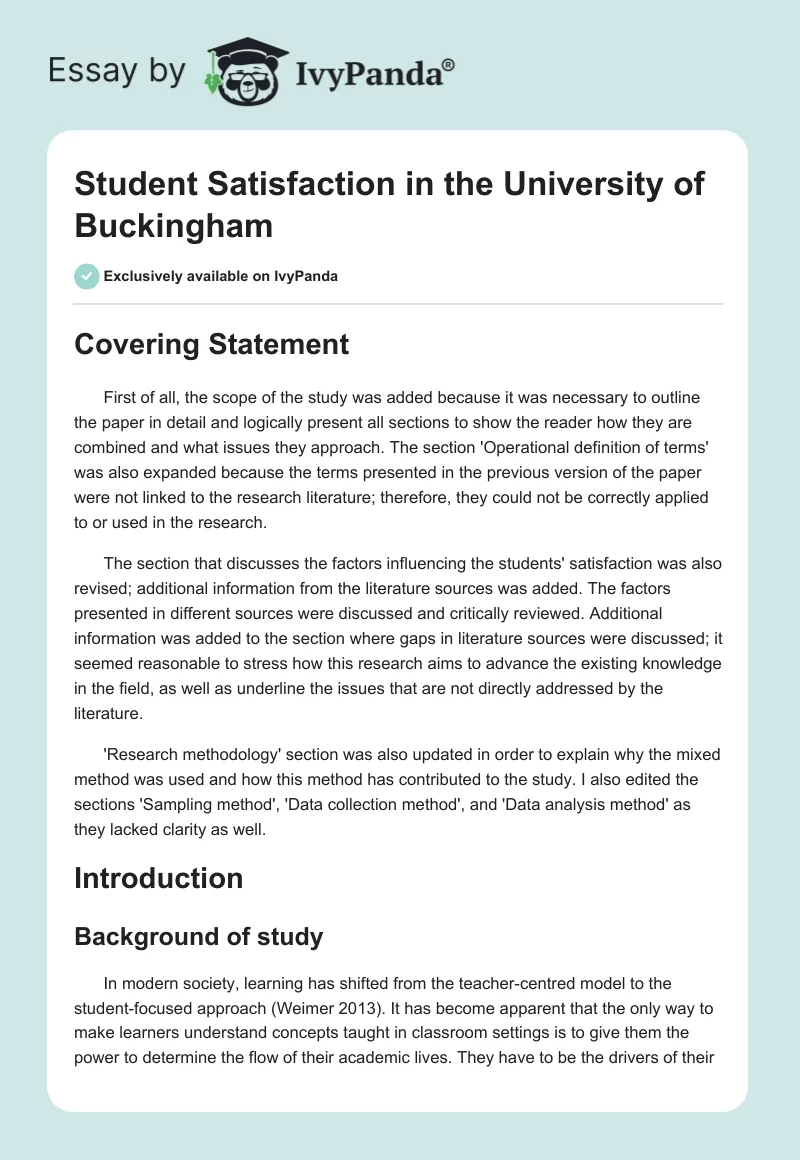 Student Satisfaction at the University of Buckingham. Page 1