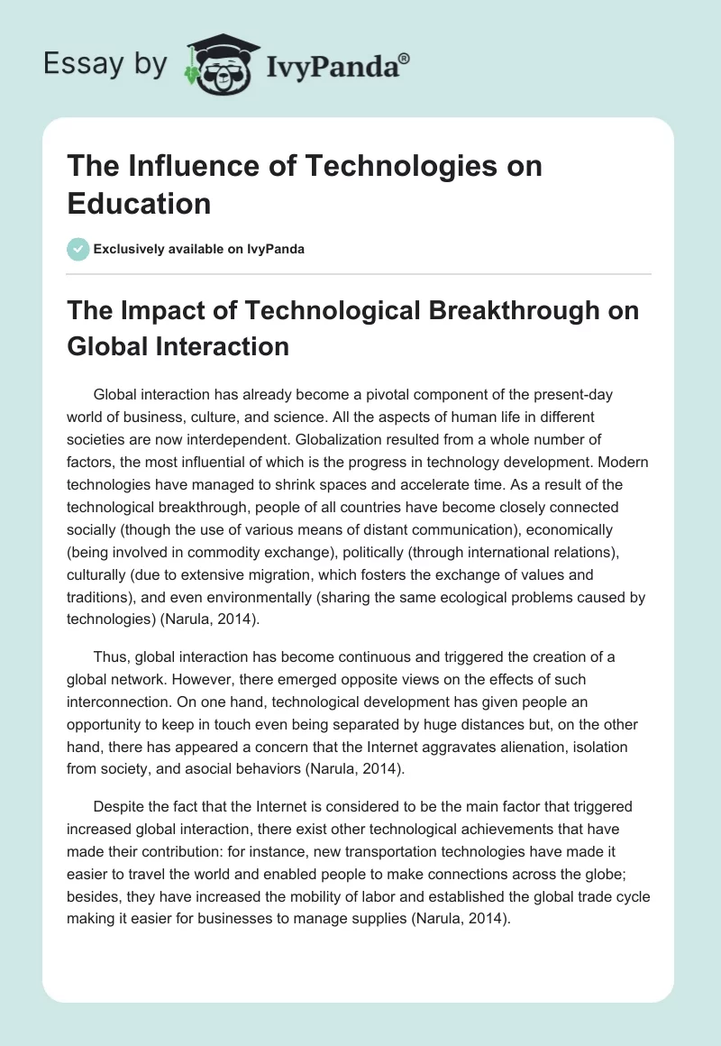 The Influence of Technologies on Education. Page 1