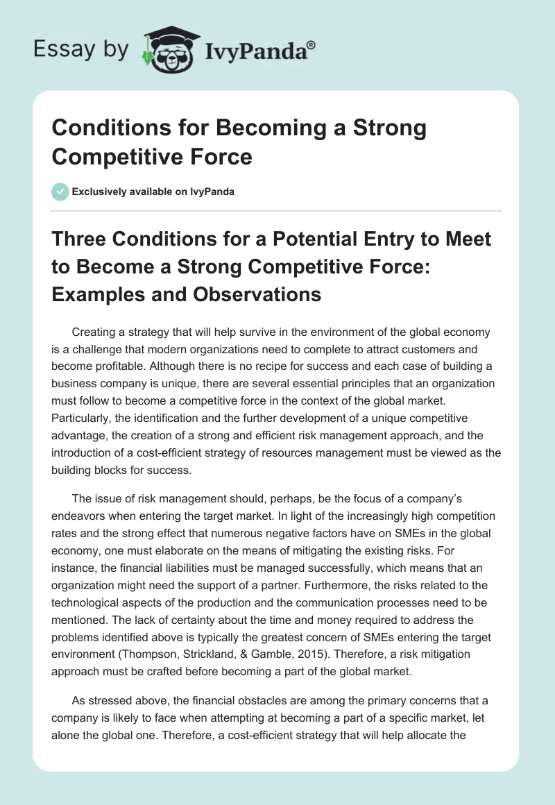 Conditions for Becoming a Strong Competitive Force. Page 1